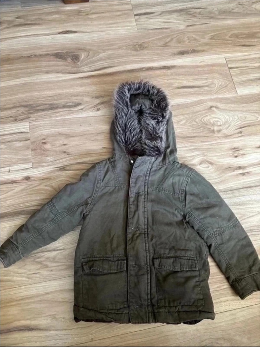 Gymboree Olive Green Hooded Puffer Jacket with Faux Fur Trim